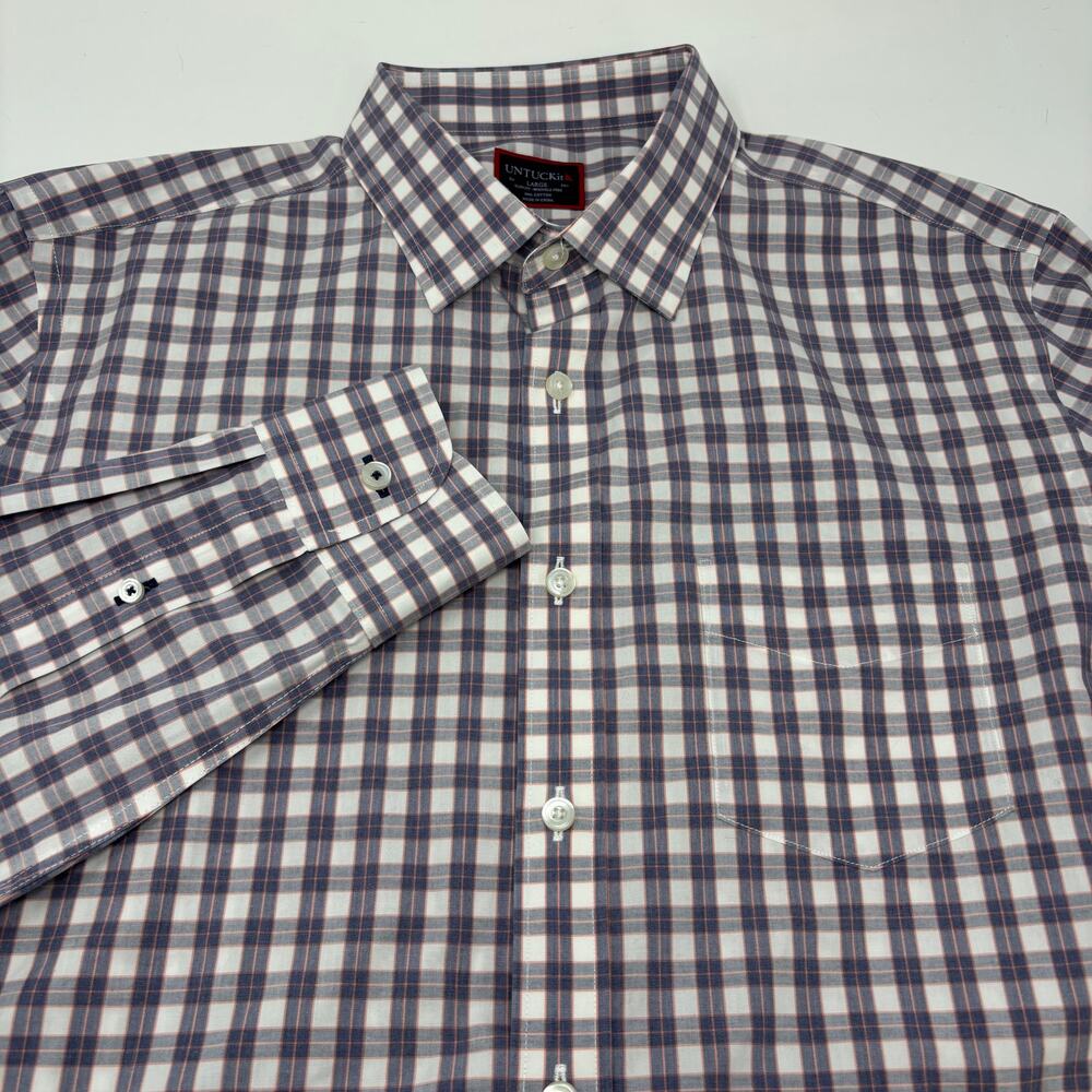 Untuckit Large Blue Pink Check Plaid Long Sleeve‎ Button Up Cotton Marc Shirt